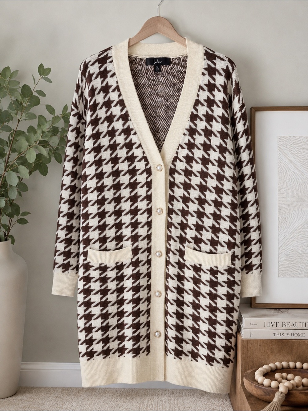 Lulus Houndstooth Longline Cardigan – Size Large